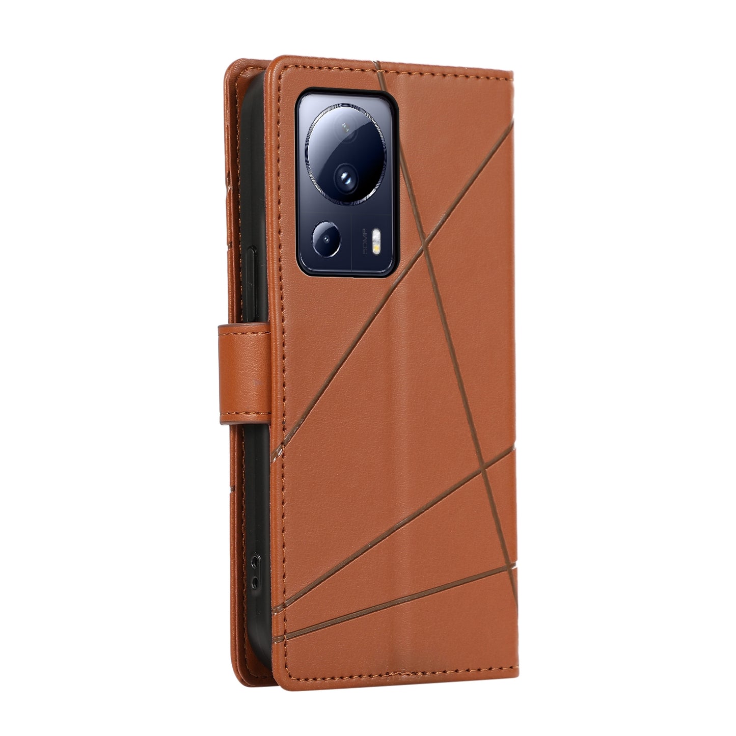 Xiaomi 13 Lite Genuine Leather Texture Embossed Line Phone Case with Card Wallet & Kickstand