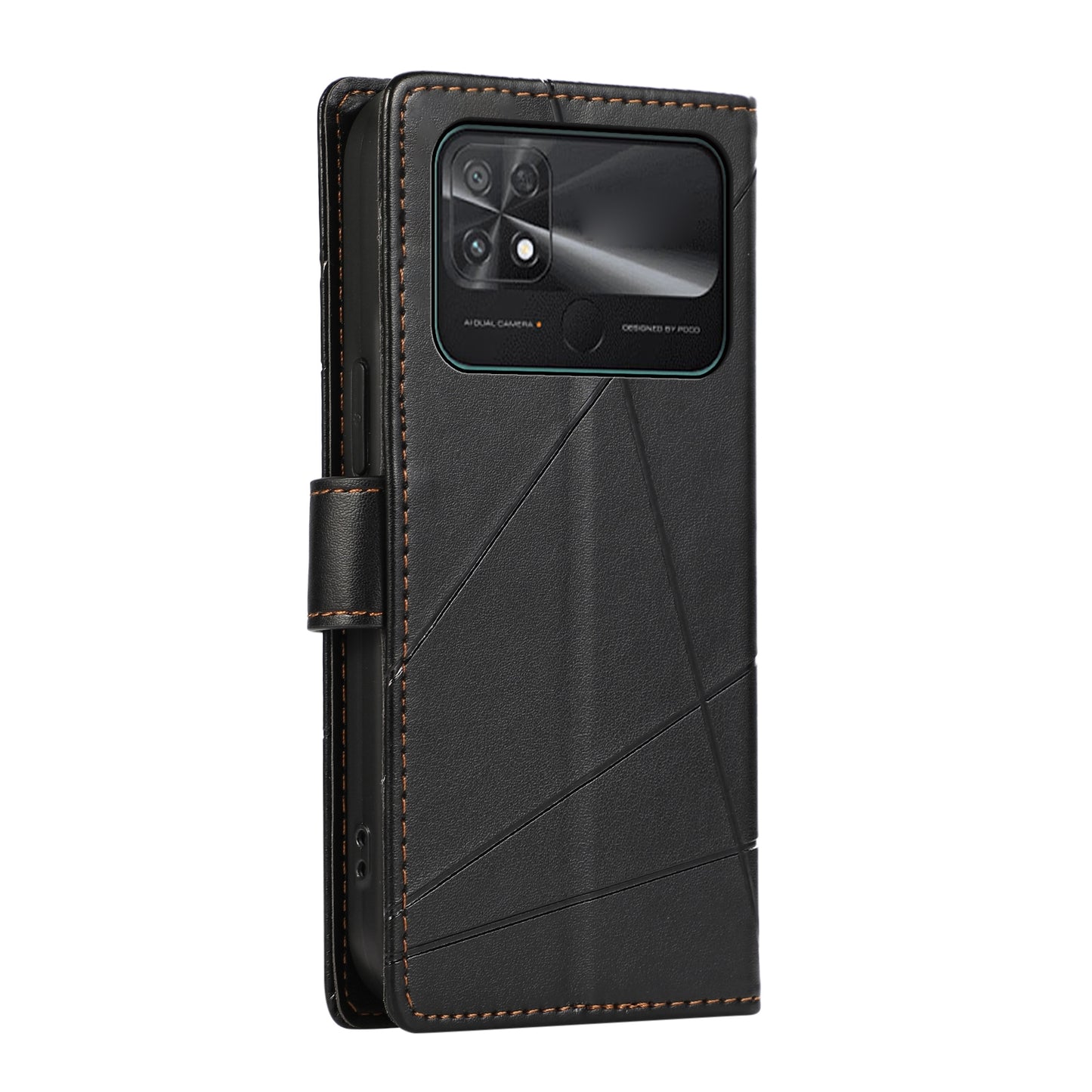 Xiaomi Poco C40 Genuine Leather Texture Embossed Line Phone Case with Card Wallet & Kickstand