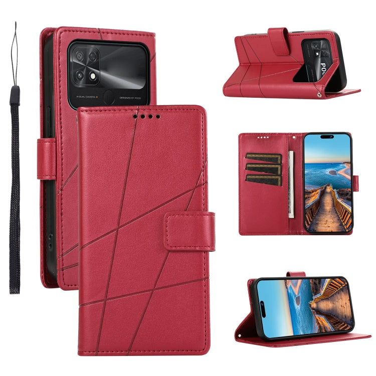 Xiaomi Poco C40 Genuine Leather Texture Embossed Line Phone Case with Card Wallet & Kickstand