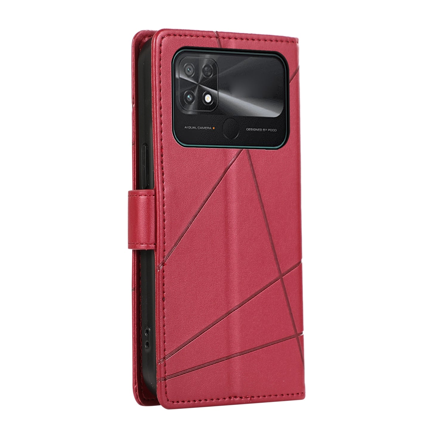 Xiaomi Poco C40 Genuine Leather Texture Embossed Line Phone Case with Card Wallet & Kickstand