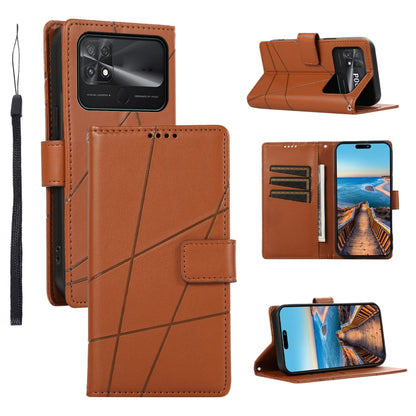 Xiaomi Poco C40 Genuine Leather Texture Embossed Line Phone Case with Card Wallet & Kickstand