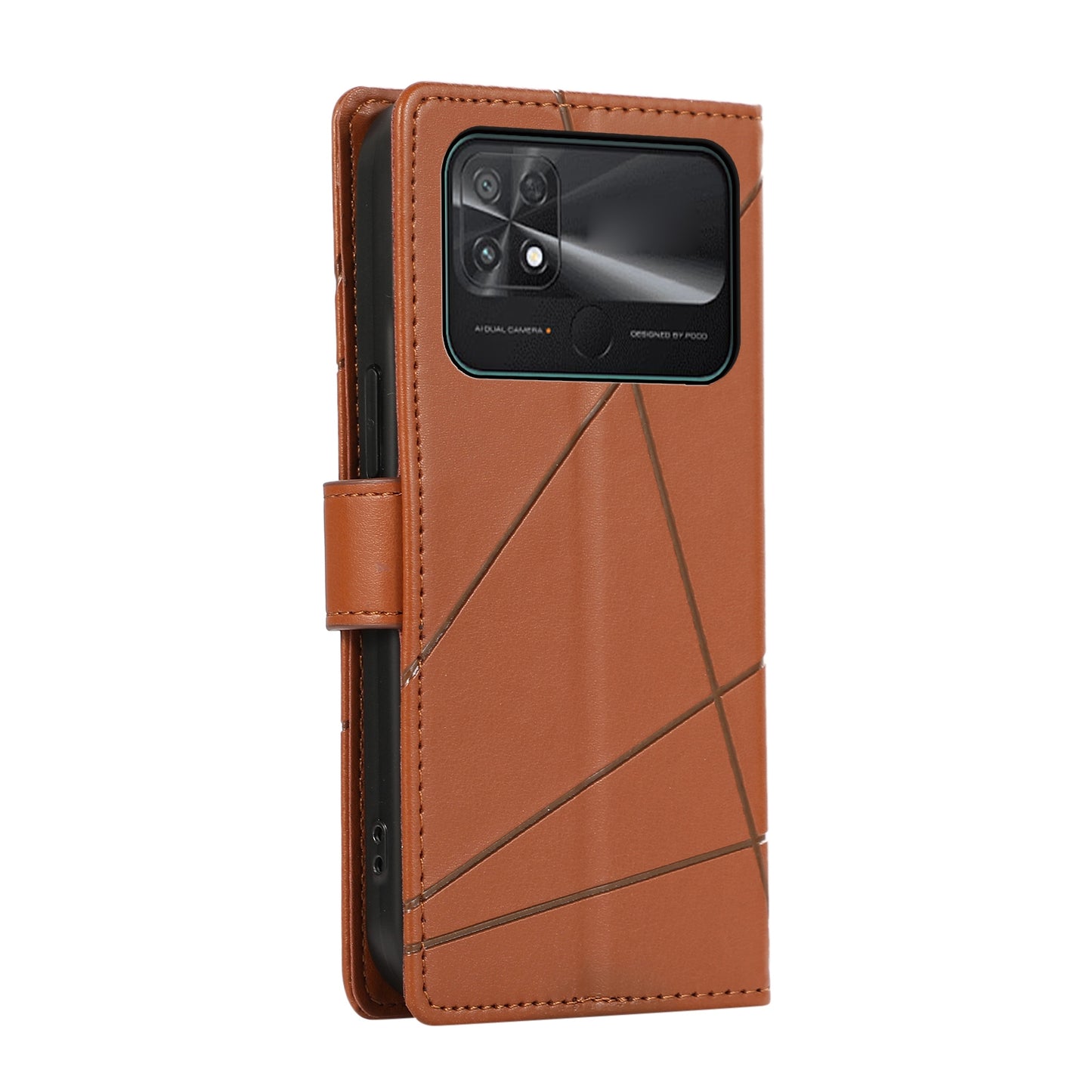 Xiaomi Poco C40 Genuine Leather Texture Embossed Line Phone Case with Card Wallet & Kickstand