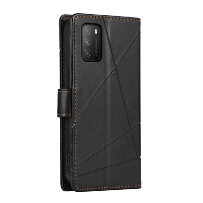 Xiaomi Poco M3 Genuine Leather Texture Embossed Line Phone Case with Card Wallet & Kickstand