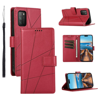 Xiaomi Poco M3 Genuine Leather Texture Embossed Line Phone Case with Card Wallet & Kickstand