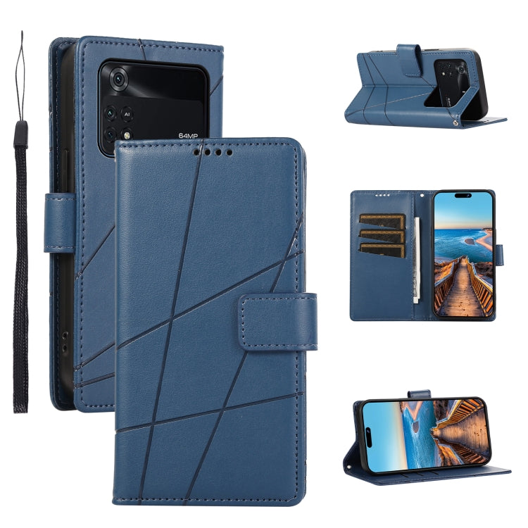 Xiaomi Poco M4 Pro Genuine Leather Texture Embossed Line Phone Case with Card Wallet & Kickstand