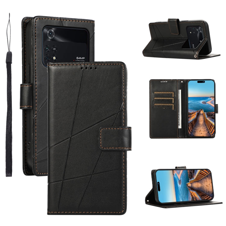 Xiaomi Poco M4 Pro Genuine Leather Texture Embossed Line Phone Case with Card Wallet & Kickstand