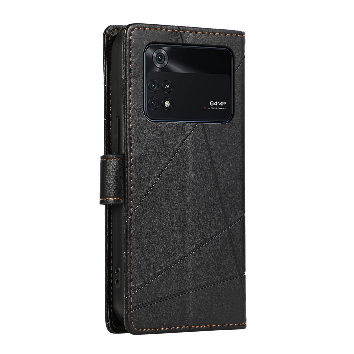 Xiaomi Poco M4 Pro Genuine Leather Texture Embossed Line Phone Case with Card Wallet & Kickstand