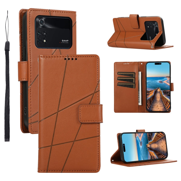 Xiaomi Poco M4 Pro Genuine Leather Texture Embossed Line Phone Case with Card Wallet & Kickstand