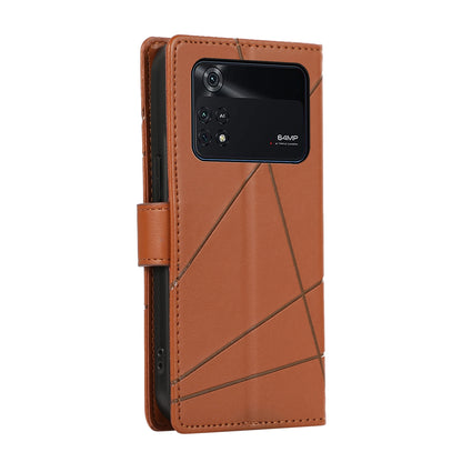 Xiaomi Poco M4 Pro Genuine Leather Texture Embossed Line Phone Case with Card Wallet & Kickstand