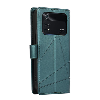 Xiaomi Poco M4 Pro Genuine Leather Texture Embossed Line Phone Case with Card Wallet & Kickstand