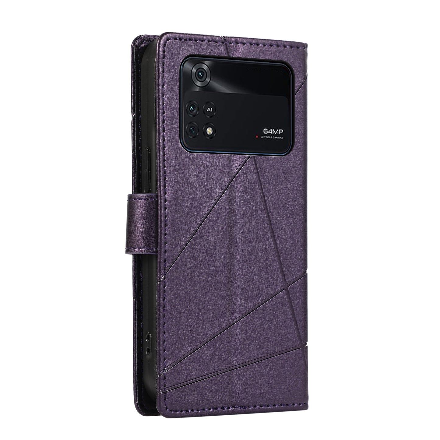 Xiaomi Poco M4 Pro Genuine Leather Texture Embossed Line Phone Case with Card Wallet & Kickstand