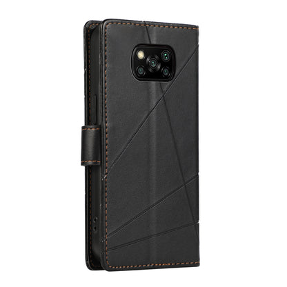 Xiaomi Poco X3 Genuine Leather Texture Embossed Line Phone Case with Card Wallet & Kickstand