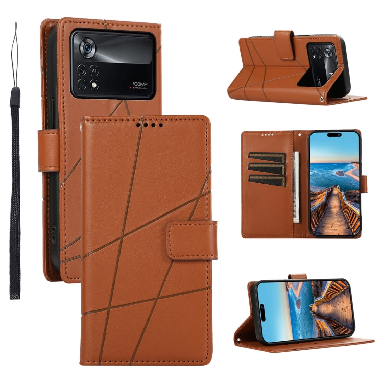 Xiaomi Poco X4 Pro 5g Genuine Leather Texture Embossed Line Phone Case with Card Wallet & Kickstand