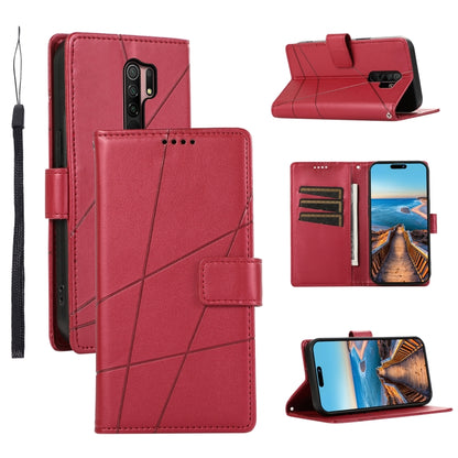 Xiaomi Redmi 9 Genuine Leather Texture Embossed Line Phone Case with Card Wallet & Kickstand