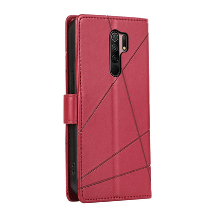 Xiaomi Redmi 9 Genuine Leather Texture Embossed Line Phone Case with Card Wallet & Kickstand