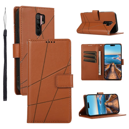 Xiaomi Redmi 9 Genuine Leather Texture Embossed Line Phone Case with Card Wallet & Kickstand