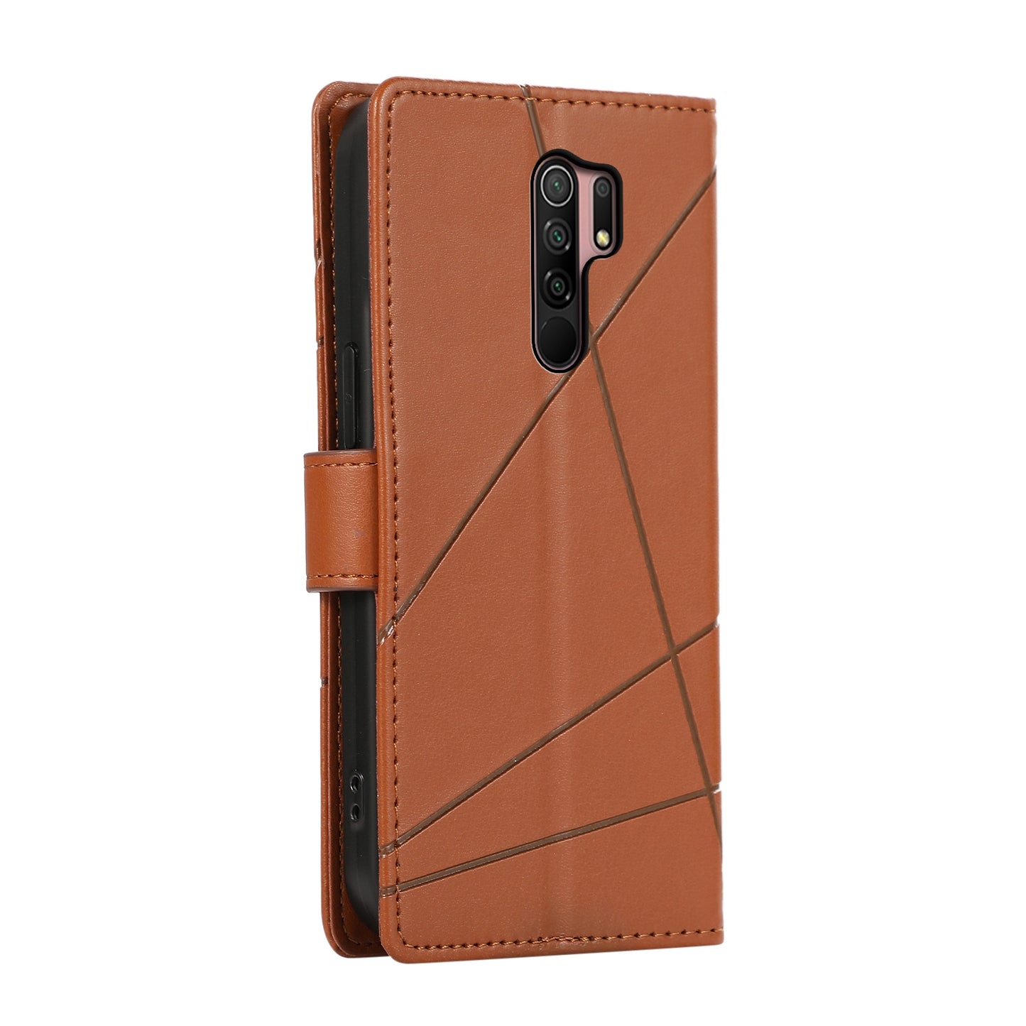 Xiaomi Redmi 9 Genuine Leather Texture Embossed Line Phone Case with Card Wallet & Kickstand