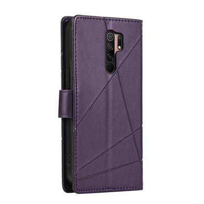 Xiaomi Redmi 9 Genuine Leather Texture Embossed Line Phone Case with Card Wallet & Kickstand