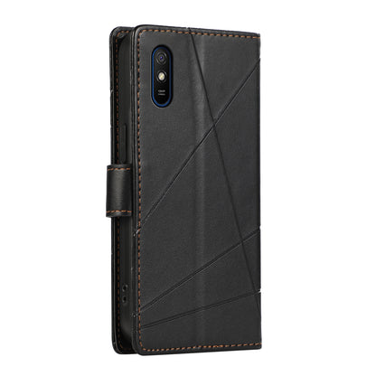 Xiaomi Redmi 9A Genuine Leather Texture Embossed Line Phone Case with Card Wallet & Kickstand