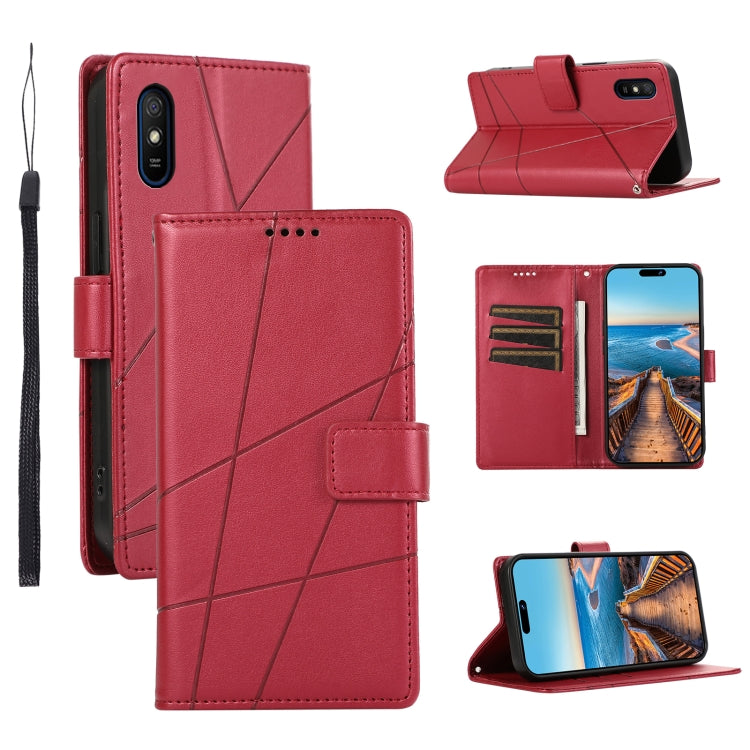 Xiaomi Redmi 9A Genuine Leather Texture Embossed Line Phone Case with Card Wallet & Kickstand