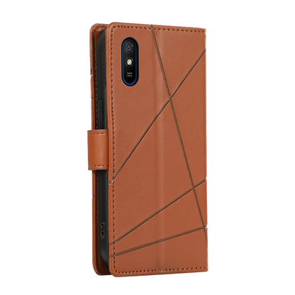 Xiaomi Redmi 9A Genuine Leather Texture Embossed Line Phone Case with Card Wallet & Kickstand