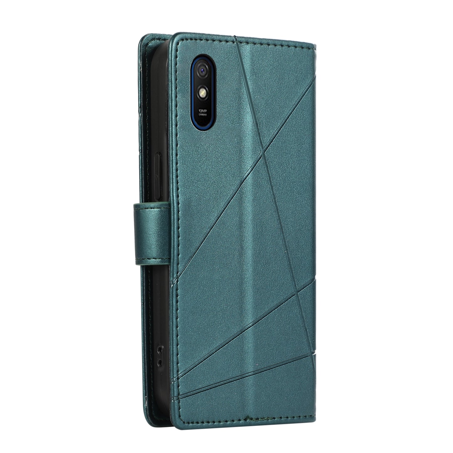 Xiaomi Redmi 9A Genuine Leather Texture Embossed Line Phone Case with Card Wallet & Kickstand