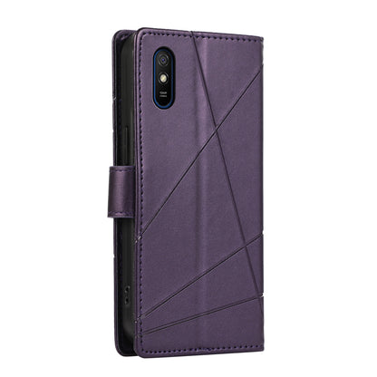 Xiaomi Redmi 9A Genuine Leather Texture Embossed Line Phone Case with Card Wallet & Kickstand