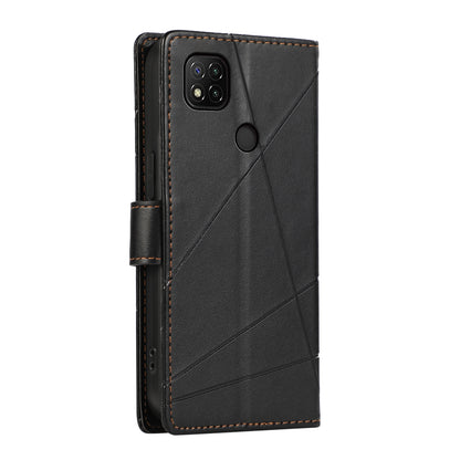 Xiaomi Redmi 9C Genuine Leather Texture Embossed Line Phone Case with Card Wallet & Kickstand