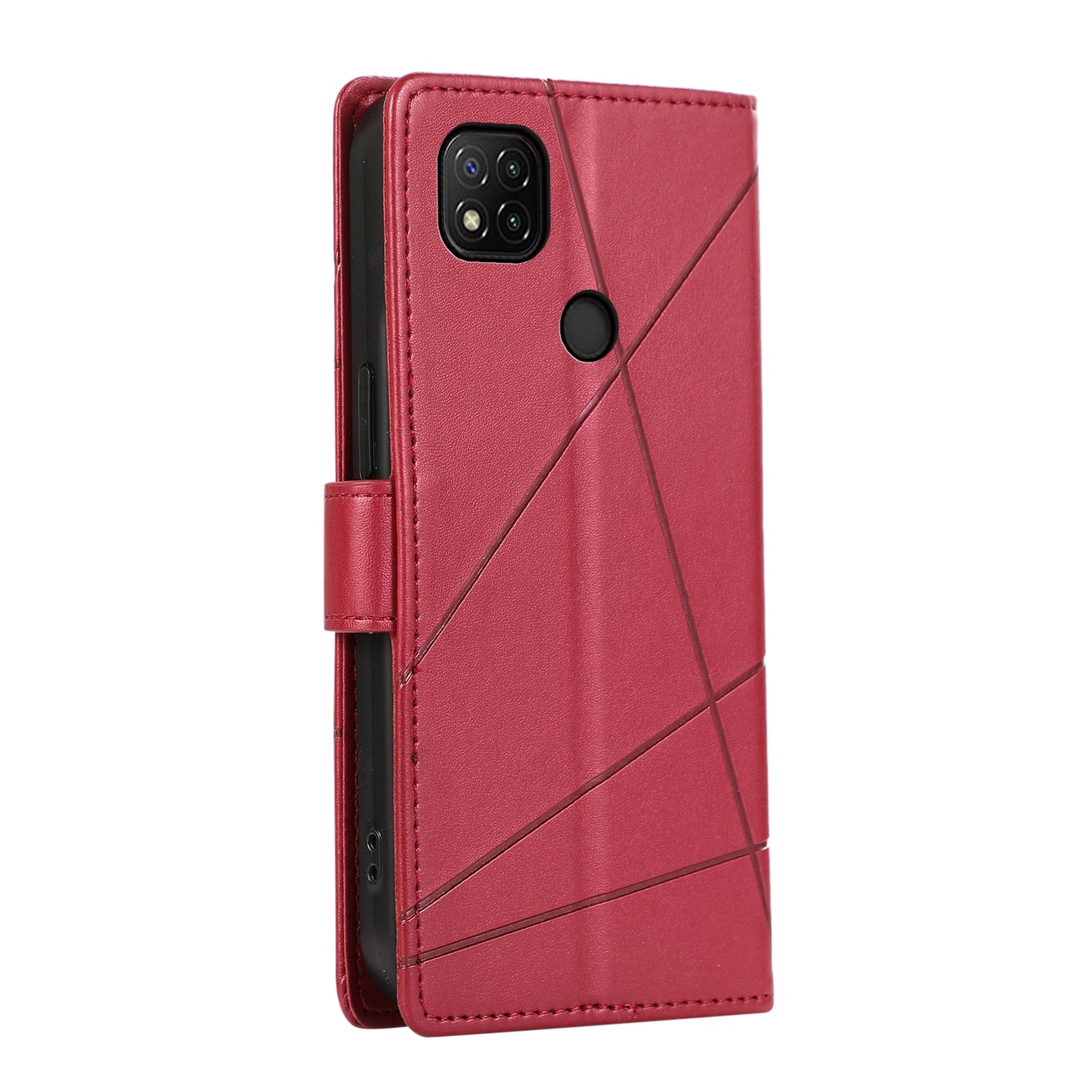 Xiaomi Redmi 9C Genuine Leather Texture Embossed Line Phone Case with Card Wallet & Kickstand