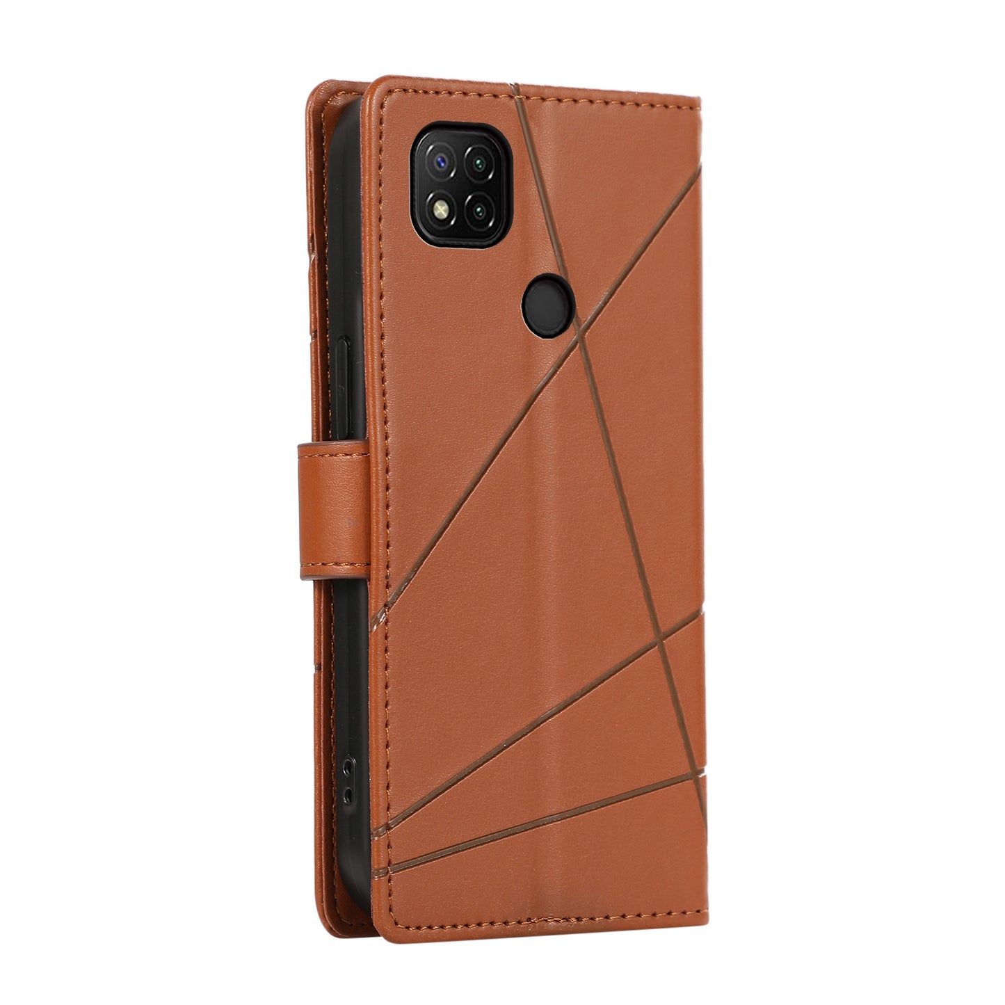 Xiaomi Redmi 9C Genuine Leather Texture Embossed Line Phone Case with Card Wallet & Kickstand