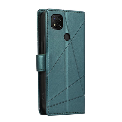 Xiaomi Redmi 9C Genuine Leather Texture Embossed Line Phone Case with Card Wallet & Kickstand