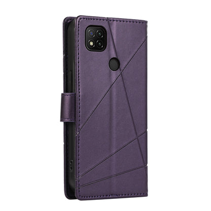 Xiaomi Redmi 9C Genuine Leather Texture Embossed Line Phone Case with Card Wallet & Kickstand