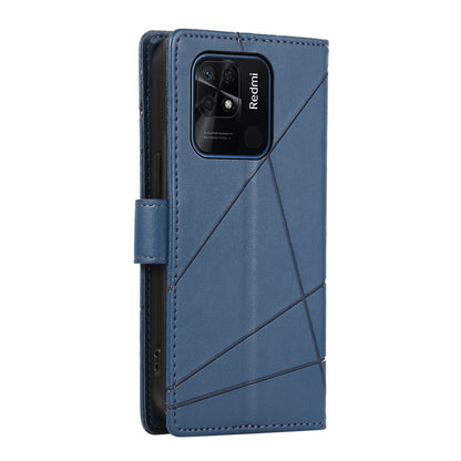 Xiaomi Redmi 10C Genuine Leather Texture Embossed Line Phone Case with Card Wallet & Kickstand