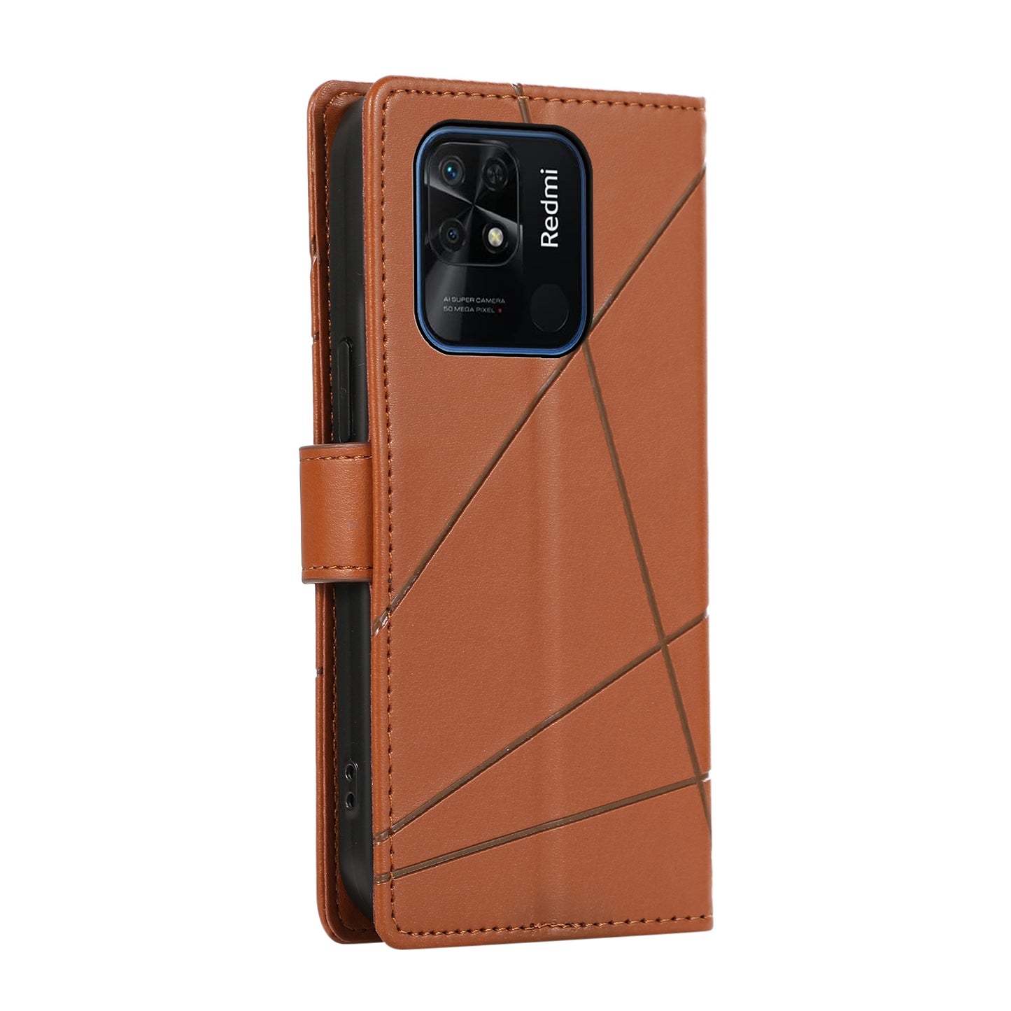 Xiaomi Redmi 10C Genuine Leather Texture Embossed Line Phone Case with Card Wallet & Kickstand