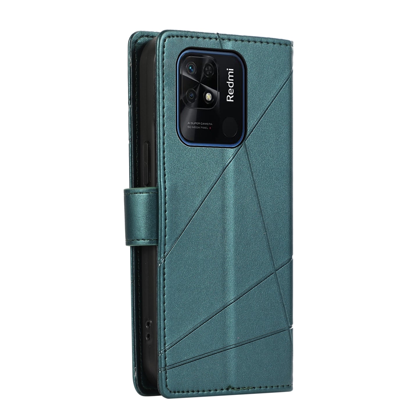 Xiaomi Redmi 10C Genuine Leather Texture Embossed Line Phone Case with Card Wallet & Kickstand