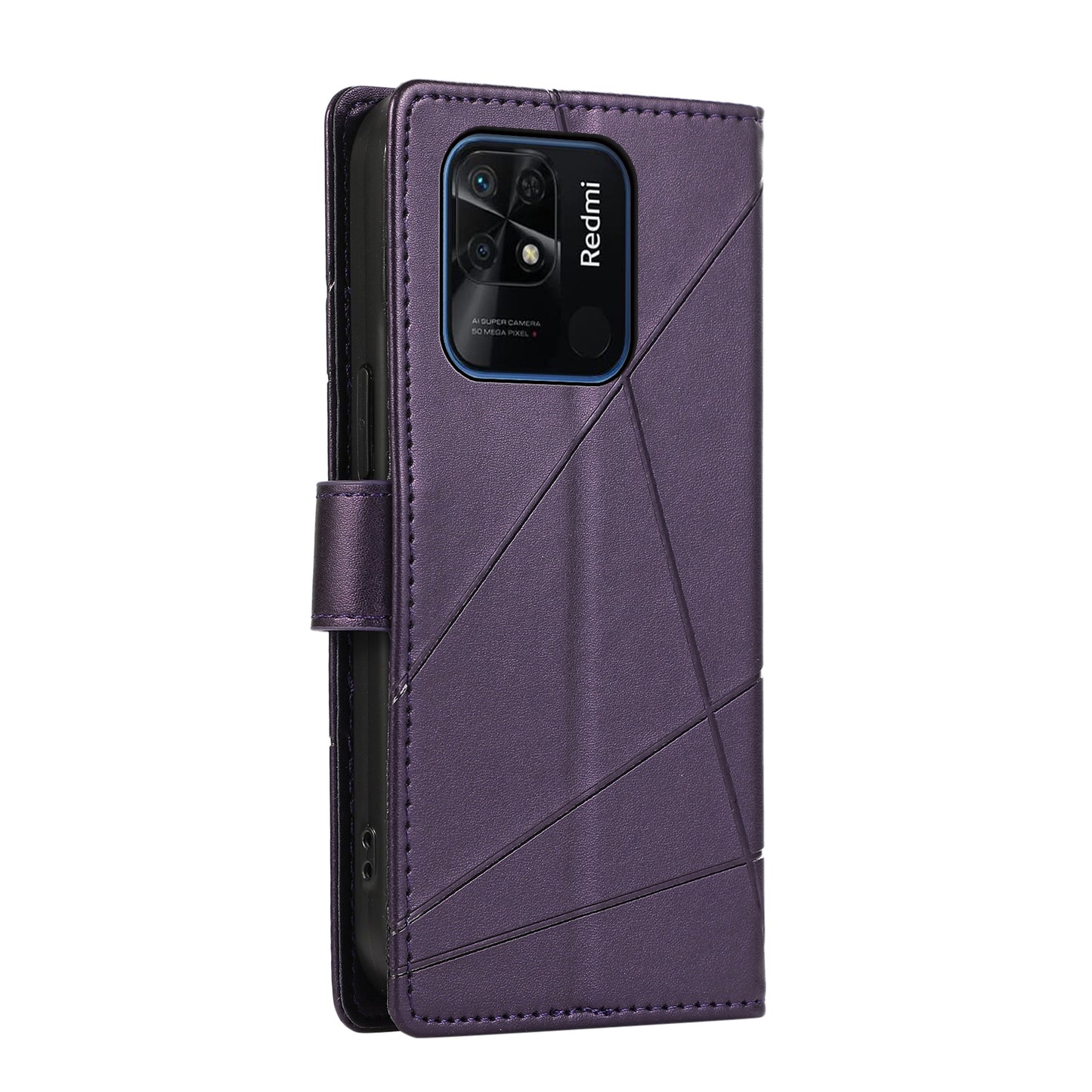 Xiaomi Redmi 10C Genuine Leather Texture Embossed Line Phone Case with Card Wallet & Kickstand