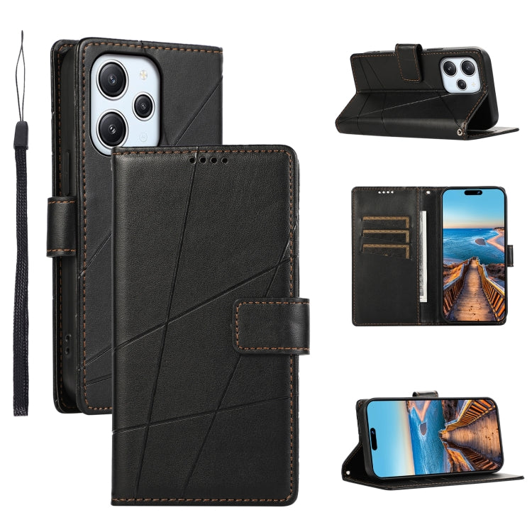 Xiaomi Redmi 12 Genuine Leather Texture Embossed Line Phone Case with Card Wallet & Kickstand