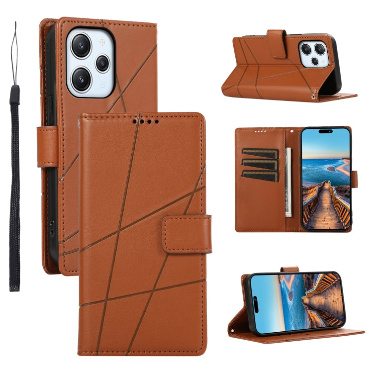 Xiaomi Redmi 12 Genuine Leather Texture Embossed Line Phone Case with Card Wallet & Kickstand