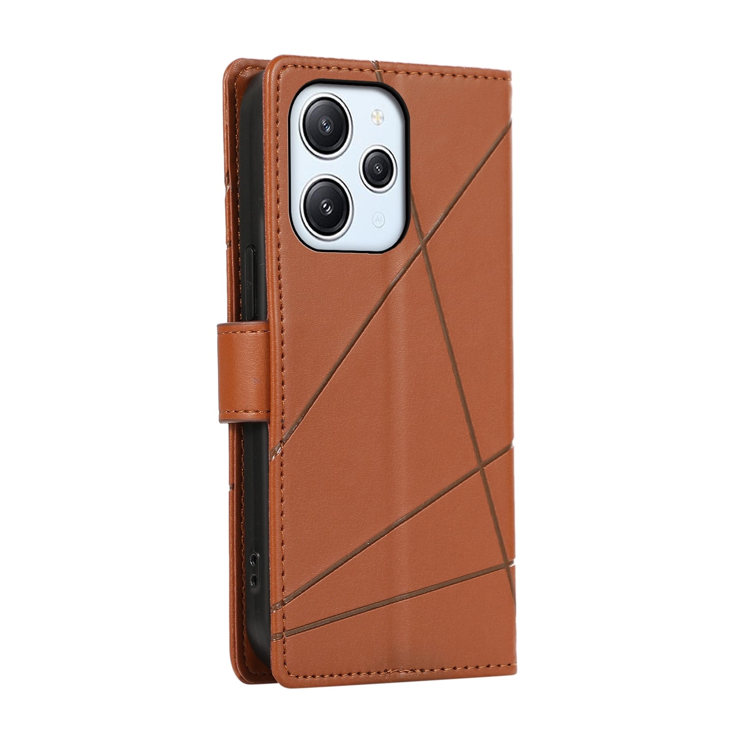 Xiaomi Redmi 12 Genuine Leather Texture Embossed Line Phone Case with Card Wallet & Kickstand