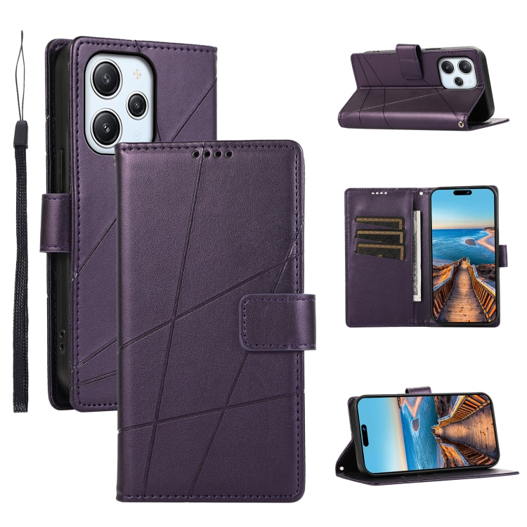 Xiaomi Redmi 12 Genuine Leather Texture Embossed Line Phone Case with Card Wallet & Kickstand