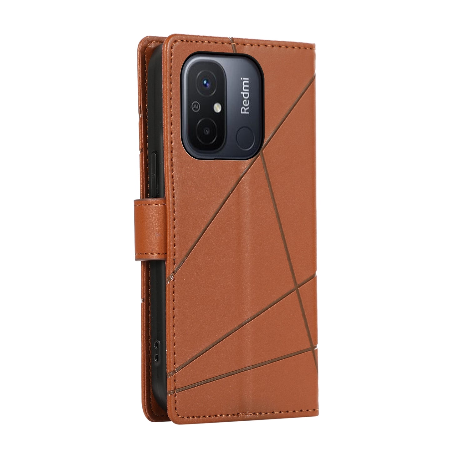 Xiaomi Redmi 12C Genuine Leather Texture Embossed Line Phone Case with Card Wallet & Kickstand