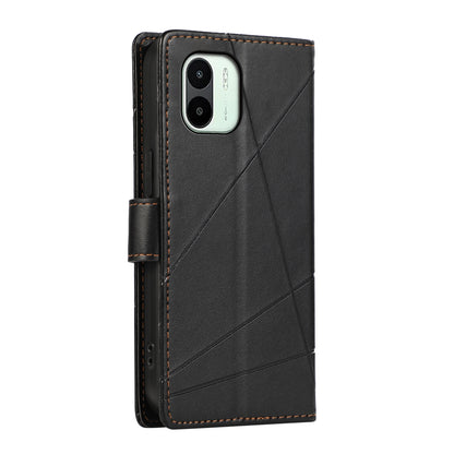 Xiaomi Redmi A1 Genuine Leather Texture Embossed Line Phone Case with Card Wallet & Kickstand