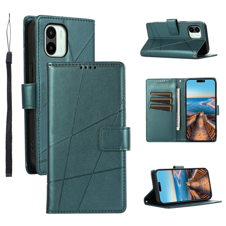 Xiaomi Redmi A1 Genuine Leather Texture Embossed Line Phone Case with Card Wallet & Kickstand