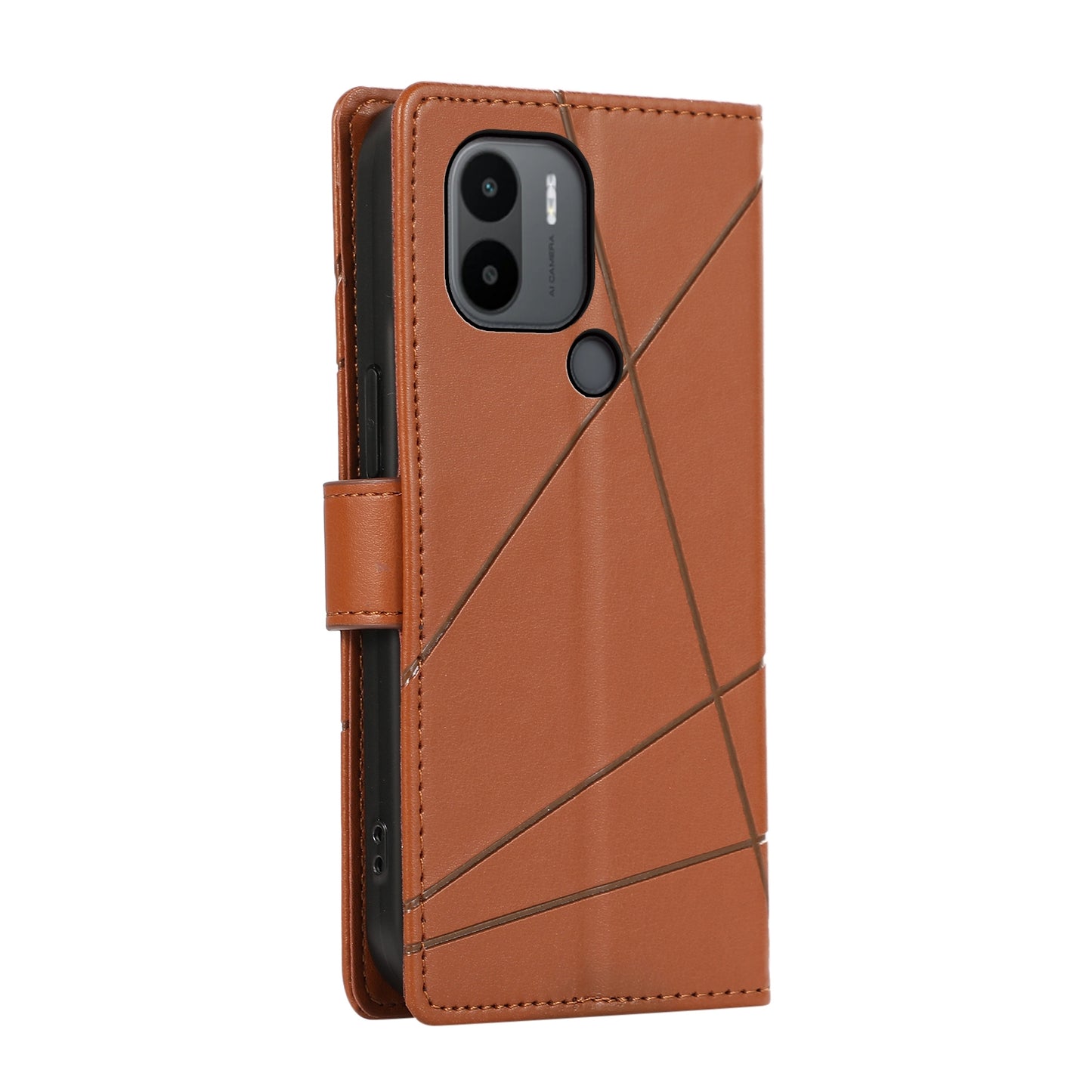 Xiaomi Redmi A1+ Genuine Leather Texture Embossed Line Phone Case with Card Wallet & Kickstand