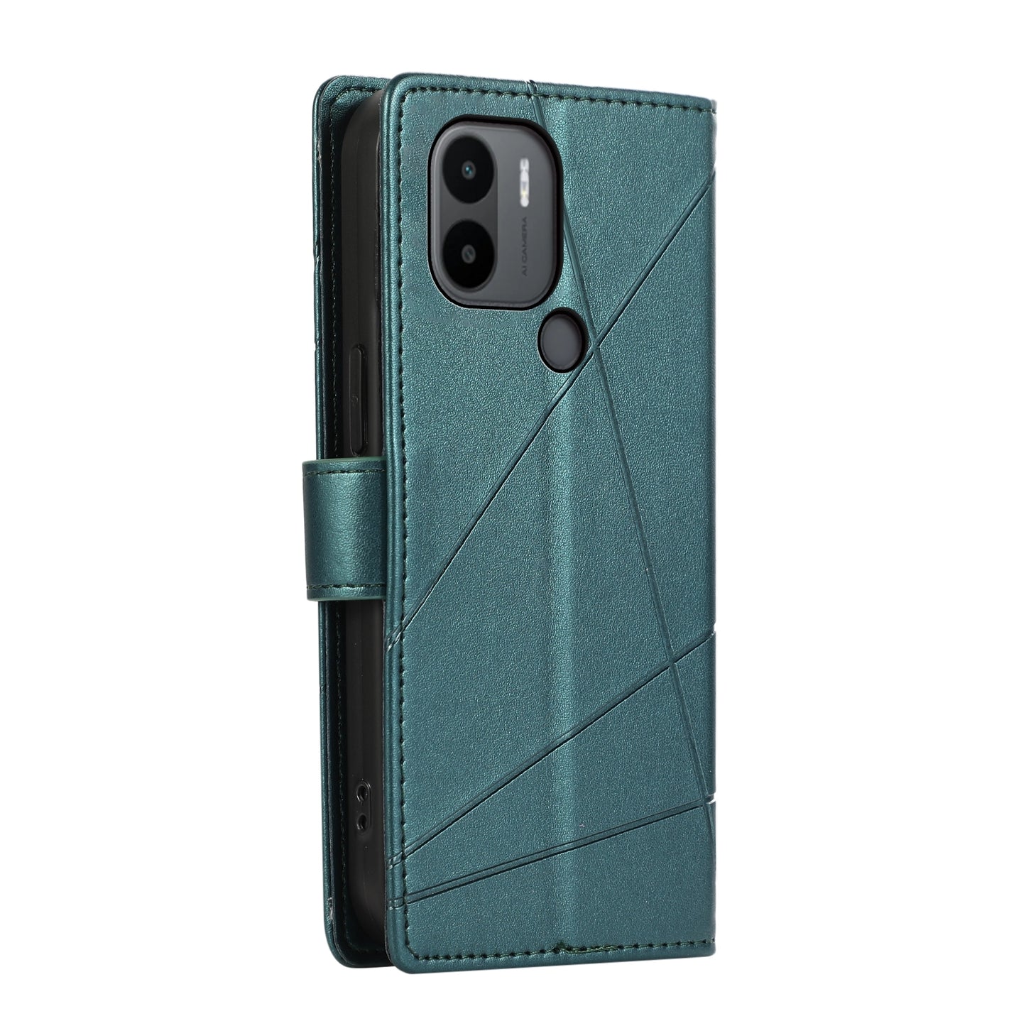 Xiaomi Redmi A1+ Genuine Leather Texture Embossed Line Phone Case with Card Wallet & Kickstand