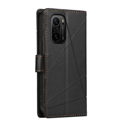 Xiaomi Redmi K40 Genuine Leather Texture Embossed Line Phone Case with Card Wallet & Kickstand