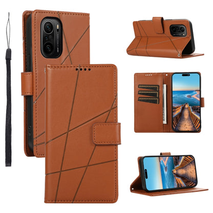 Xiaomi Redmi K40 Genuine Leather Texture Embossed Line Phone Case with Card Wallet & Kickstand