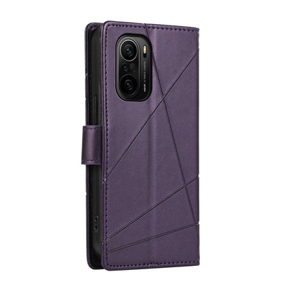 Xiaomi Redmi K40 Genuine Leather Texture Embossed Line Phone Case with Card Wallet & Kickstand