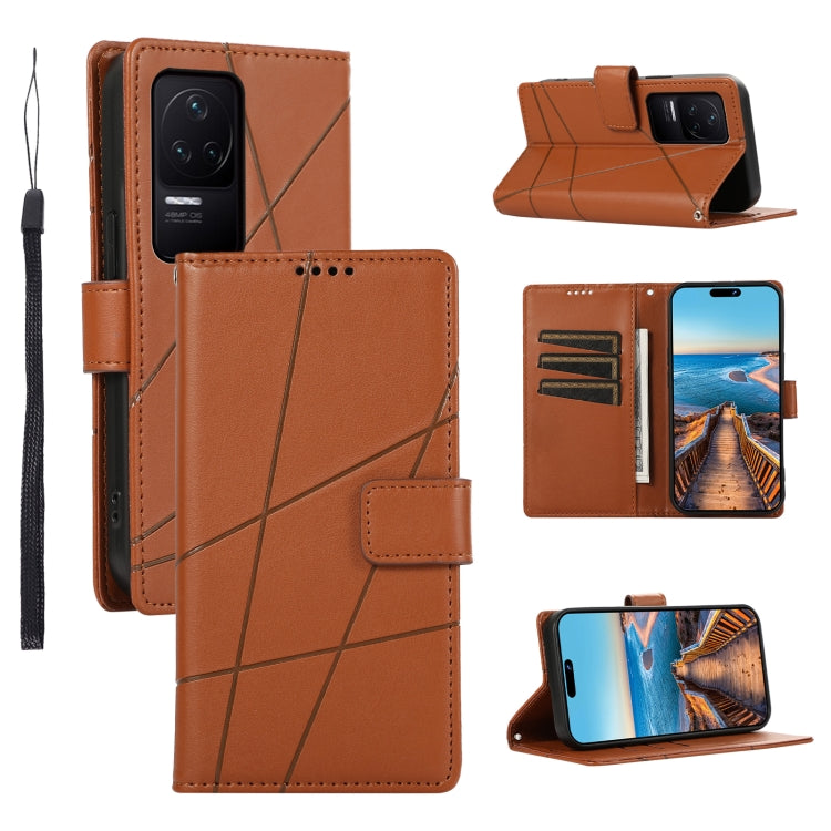 Xiaomi Redmi K50 Genuine Leather Texture Embossed Line Phone Case with Card Wallet & Kickstand