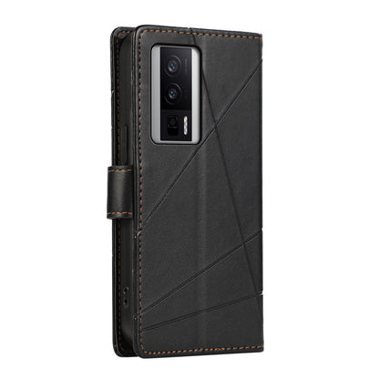 Xiaomi Redmi K60 Genuine Leather Texture Embossed Line Phone Case with Card Wallet & Kickstand